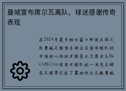 曼城宣布席尔瓦离队，球迷感谢传奇表现